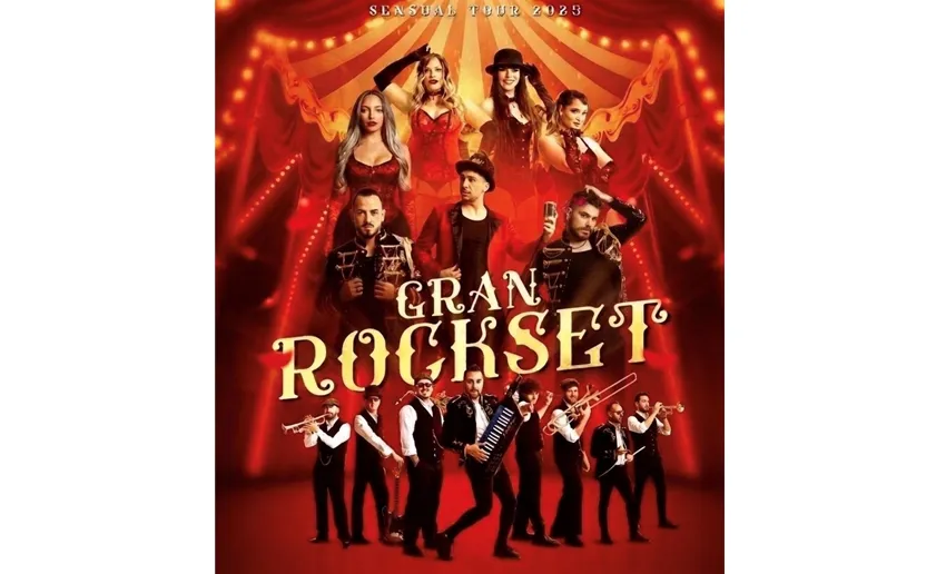cartel de la orquesta estilo del vestuario cabaretero, bombines, vestidos rojos